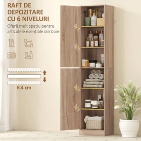 HOMCOM Dulap coloană pentru baie cu 2 compartimente și 6 rafturi reglabile, aspect lemn, 40x35x180 cm, culoare lemn | Aosom Romania