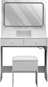 RESIGILAT- Set AMBER, Masă de toaletă pentru machiaj, oglindă banda LED, iluminare reglabila, 4 sertare, port incarcare dubla priza+USB, taburet cu spatiu depozitare, Alb