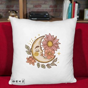 Perna Personalizata Luna Boho Chip Floral, 40x40 cm, Alb Pufos, Husa Detasabila, Perna Inclusa, BEKZ®