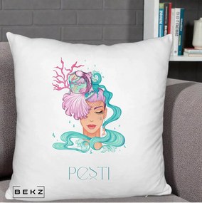 Perna Personalizata Zodiac Pesti Cowgirl, 40x40 cm, Alb Pufos, Husa Detasabila, Perna Inclusa, BEKZ®