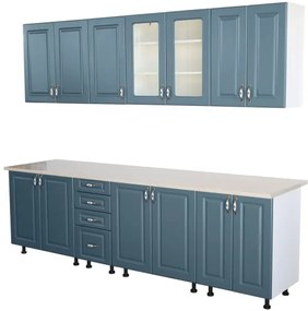 Bucatarie Zebra 260 cm din MDF Albastru cu blat termoizolant marmura travertin