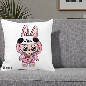 Perna Personalizata Labubu Panda-Bunny Roz, 40x40 cm, Alba Mata, Husa Detasabila, Perna Inclusa, BEKZ®