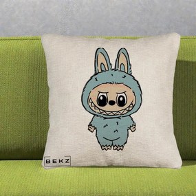 Perna Personalizata Labubu Albastru-Gri Solo, 40x40 cm, Bej Canapea, Husa Detasabila, Perna Inclusa, BEKZ®