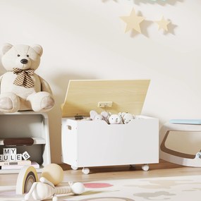 AIYAPLAY Cufăr de jucării pentru copii pe roți, cutie de depozitare pentru copii cu capac rabatabil, 59 x 30 x 53 cm, alb | Aosom Romania