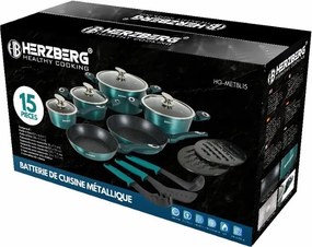 La mâna a doua: Set oale si tigai Herzberg HG-METBL15, 15 piese, Aluminiu 3003, Acoperire marmura, Capace din sticla, Inductie, Verde albastru