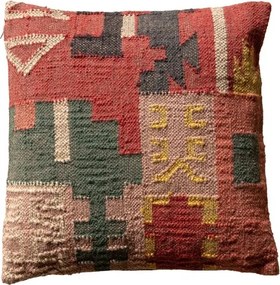 Pernă decorativă din lână și bumbac, multicolor, țesătură kilim în nuanțe de cărămiziu, verde și galben, finisaj artizanal, 50 x 50 cm, „Tikana”