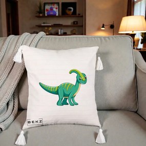 Perna Decorativa Parasaur Verde, 40x40 cm, Bej cu Franjuri, Husa Detasabila, Perna Inclusa, BEKZ®