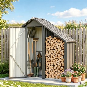 Outsunny Șopron Exterior pentru Lemne cu Dulap pentru Unelte, 0,77 m², 150x66x162 cm, Din Oțel Galvanizat, Gri Închis | Aosom Romania