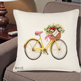 Perna Decorativa Bicicleta Galbena cu Cos de Flori Primavara, 40x40 cm, Crem Reliefat, Husa Detasabila, Perna Inclusa, BEKZ®