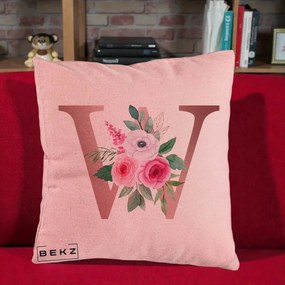 Cadou Personalizat - Perna Personalizata Monograma Rose Gold Litera W cu Trandafiri si Anemona, 40x40 cm, Roz, Husa Detasabila, Perna Inclusa, BEKZ®