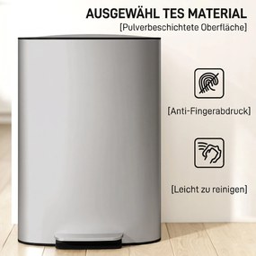 HOMCOM Coș de Gunoi cu Pedală de 50L cu Capac Amortizat, Deschidere la 90° și Găleată Detașabilă, Oțel Inoxidabil, Gri | Aosom Romania