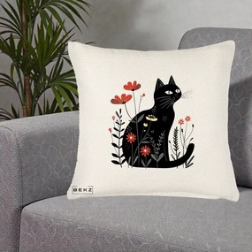 Perna Decorativa Pisica Neagra Flori Rosii Folk, 40x40 cm, Crem Reliefat, Husa Detasabila, Perna Inclusa, BEKZ®