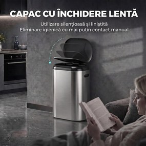 HOMCOM Coș de gunoi automat cu senzor cu infraroșu, 50 l, din oțel inoxidabil anti-amprentă, cu închidere amortizată, argintiu | Aosom Romania