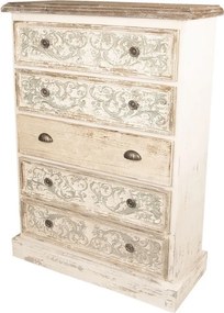 Comodă înaltă vintage, shabby chic, din lemn, alb, cu 5 sertare, blat natur și decor în relief, 120 x 85 x 36 cm, „Benevola”
