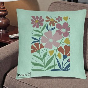 Perna Decorativa Flori Grafice Roz si Terracotta, 40x40 cm, Verde Menta, Husa Detasabila, Perna Inclusa, BEKZ®