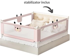 Set 3 bariere protectie pat culisante XXL + STABILIZATOR pentru pat 180x200 cm Kidizi Funny Bear Pink, certificare EN71, inaltime ajustabila 72-100 cm