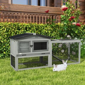 PawHut Cuib Exterior din Lemn de Brad cu Rampă, Acoperiș Rabatabil Impermeabil, Sertar Detașabil, Cuib pentru Iepuri, Animale Mici, Gri Deschis | Aosom Romania