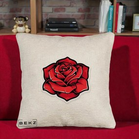 Perna Decorativa Trandafir Rosu Tattoo, 40x40 cm, Bej Canapea, Husa Detasabila, Perna Inclusa, BEKZ®