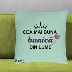 Cadou pentru Bunica - Perna Personalizata Cea Mai Buna Bunica Din Lume Coroana Mov Floare Roz, 40x40 cm, Verde Menta, Husa Detasabila, Perna Inclusa, BEKZ®