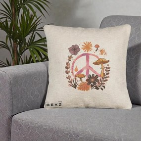 Perna Decorativa Peace Ciuperci Boho, 40x40 cm, Bej Canapea, Husa Detasabila, Perna Inclusa, BEKZ®