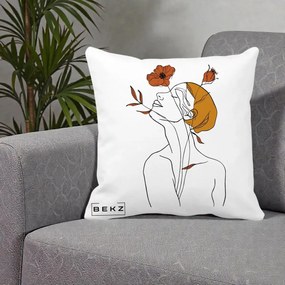 Perna Decorativa Portret Feminin Mac Privire Inalta, 40x40 cm, Alba Mata, Husa Detasabila, Perna Inclusa, BEKZ®