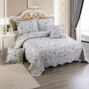 Cuvertură bumbac 100%, gri cu flori albe, 5 piese, 230x250 cm, CB524