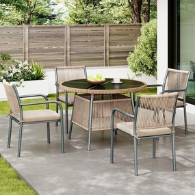 Set mobilier de grădină modern, 5 piese, masă rotundă cu blat din sticlă securizată, 4 scaune cu brațe cu spătar din sfoară, Gri