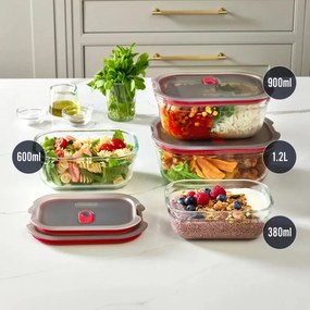Set de 3 cutii pentru alimente Black+Blum Stack+Nest FBGR-BX-MPACK3, 0,9 l, dreptunghiulare, potrivite pentru cuptor, fără BPA, oțel inoxidabil, gri/roșu