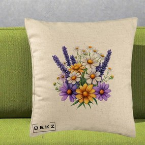 Perna Decorativa Lavanda Musetel si Flori Mov, 40x40 cm, Bej, Husa Detasabila, Perna Inclusa, BEKZ®