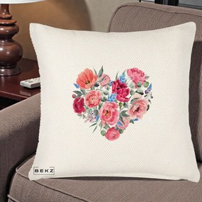 Perna Decorativa Inima din Bujori Acuarela, 40x40 cm, Crem Reliefat, Husa Detasabila, Perna Inclusa, BEKZ®