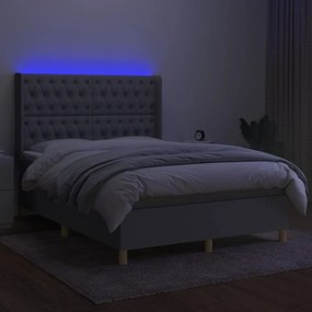 Pat cu arcuri, saltea si LED, gri deschis, 140x190 cm, textil Gri deschis, 140 x 190 cm, Design cu nasturi