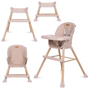 Scaun de Masa 4in1 pentru Bebelusi si Copii, Eatan Wood, Inaltime Ajustabila, Varsta 0-15 kg, Centura de Siguranta in 5 Puncte, Depozitare, Roz
