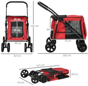 PawHut Cărucior pliabil pentru animale câini pisici cu pernă inclusă, roți cu frână, material textil Oxford 600D, 102 x 62 x 105 cm, roșu | Aosom Romania