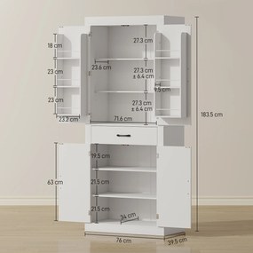 HOMCOM Dulap de bucătărie în stil country cu 2 dulapuri, 6 rafturi și un sertar, din lemn, 76x39,5x183,5 cm, alb | Aosom Romania