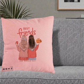 Cadou pentru Prieteni - Perna Personalizata Best Friends Toamna, 40x40 cm, Roz, Husa Detasabila, Perna Inclusa, BEKZ®