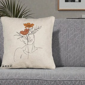 Perna Decorativa Portret Feminin Doua Flori, 40x40 cm, Bej Canapea, Husa Detasabila, Perna Inclusa, BEKZ®