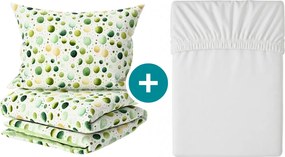 Set Lenjerie de pat creponata GREEN TREES POLY verde + Cearsaf Jersey 180 x 200 cm alb, pat dublu