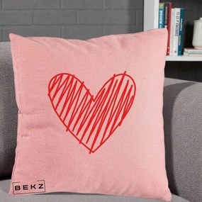 Perna Decorativa Inima Rosie Desen Manual, 40x40 cm, Roz, Husa Detasabila, Perna Inclusa, BEKZ®