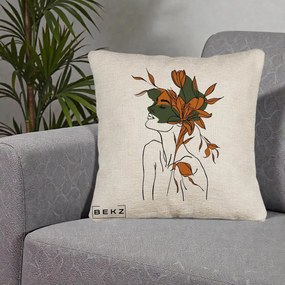 Perna Decorativa Portret Feminin Crin Auriu, 40x40 cm, Bej Canapea, Husa Detasabila, Perna Inclusa, BEKZ®