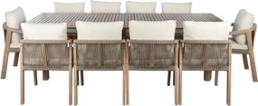 Set dining exterior din lemn de acacia, masă și 10 scaune cu perne și frânghie împletită, 11 piese, finisaj natural, „Roda”