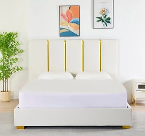 Pat Tapitat Catifea Alb 160x200 cm cu Somiera si Saltea  Inclusa ,   Cod LB-214