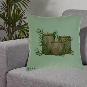 Perna Decorativa Lumanari Rustice cu Crengute Brad, 40x40 cm, Verde, Husa Detasabila, Perna Inclusa, BEKZ®
