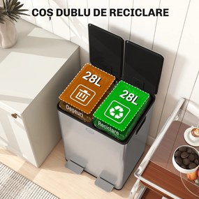 HOMCOM Coș de Gunoi cu Pedală, 2 x 20L, din Oțel, cu Capace Silențioase și Găleți Interioare Detașabile, Argintiu | Aosom Romania