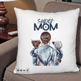 Cadou pentru Mama - Perna Personalizata Super Mom, 40x40 cm, Alb Pufos, Husa Detasabila, Perna Inclusa, BEKZ®