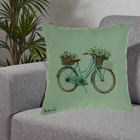 Perna Decorativa Bicicleta Teal cu Cosuri Duble de Flori Vintage, 40x40 cm, Verde, Husa Detasabila, Perna Inclusa, BEKZ®