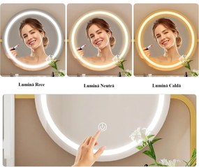 SEA825 - Set Masa toaleta 80 cm, 3 Sertare, Oglinda cu LED, Suport Uscator Par, masuta vanity, make-up cu Scaun - Alb - Auriu