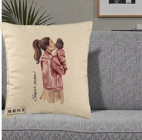 Cadou pentru Mama - Perna Personalizata Super Mom Jachete Roz, 40x40 cm, Bej, Husa Detasabila, Perna Inclusa, BEKZ®