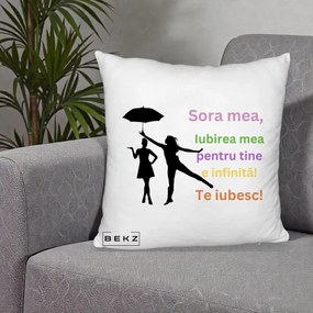 Cadou pentru Sora - Perna Personalizata Sora Mea Te Iubesc Siluete Colorate Umbrela, 40x40 cm, Alb Pufos, Husa Detasabila, Perna Inclusa, BEKZ®