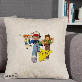 Perna Personalizata Pokemon Ash Misty Brock si Pikachu, 40x40 cm, Bej Canapea, Husa Detasabila, Perna Inclusa, BEKZ®