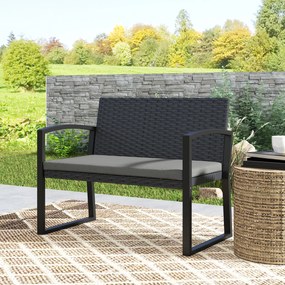 Outsunny Banc de grădină 2 locuri, banc de exterior din resină împletită PE cu pernă, oțel galvanizat, 103x58x78cm, gri și negru | Aosom Romania